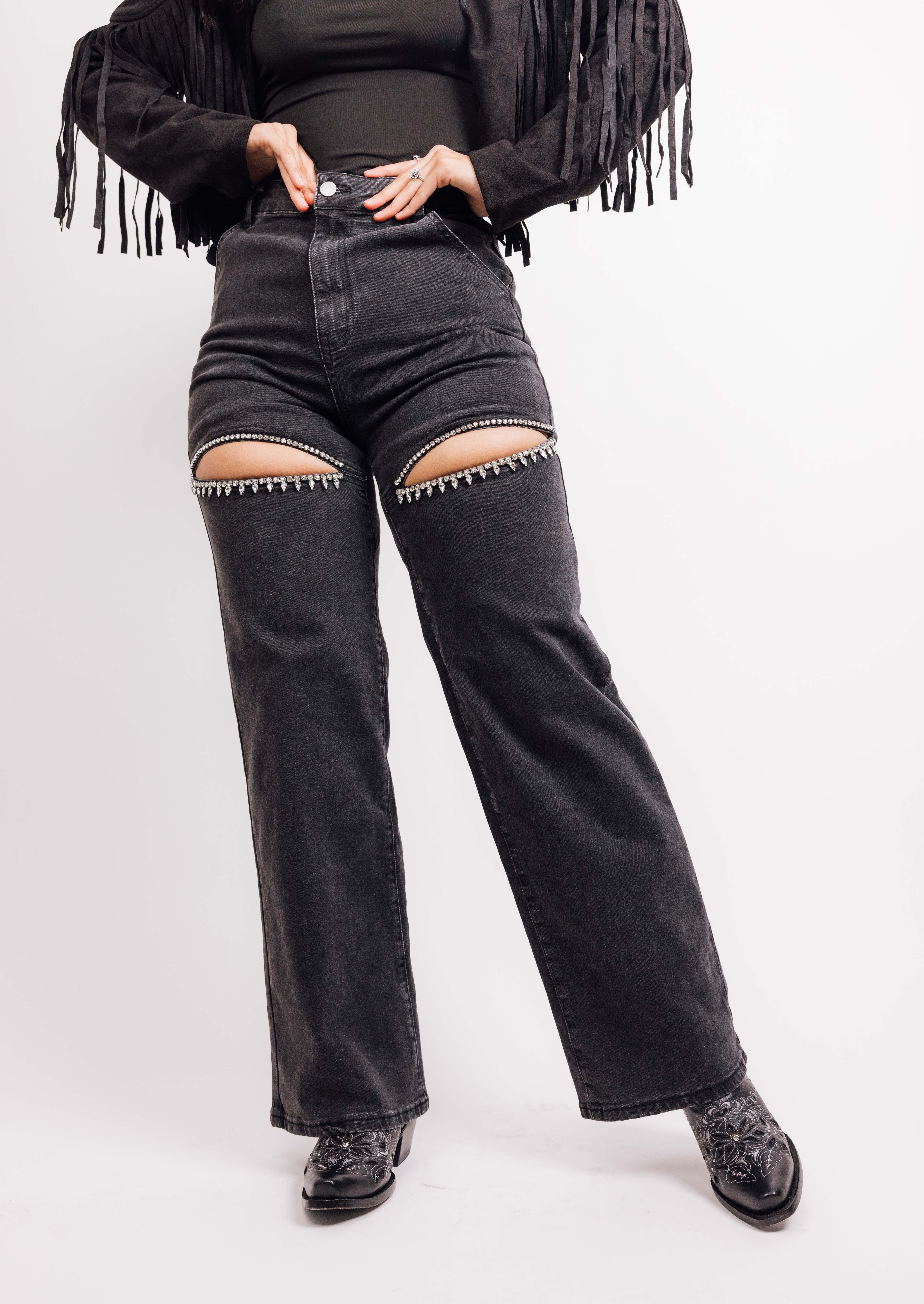 Washed Denim Rhinestone Cutout Jeans