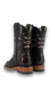 Back view of the clone fish pirarucu Aztec kids boot in all brown, featuring a square toe, pirarucu vamp, embroider shaft, leather sole, and rubber heel.