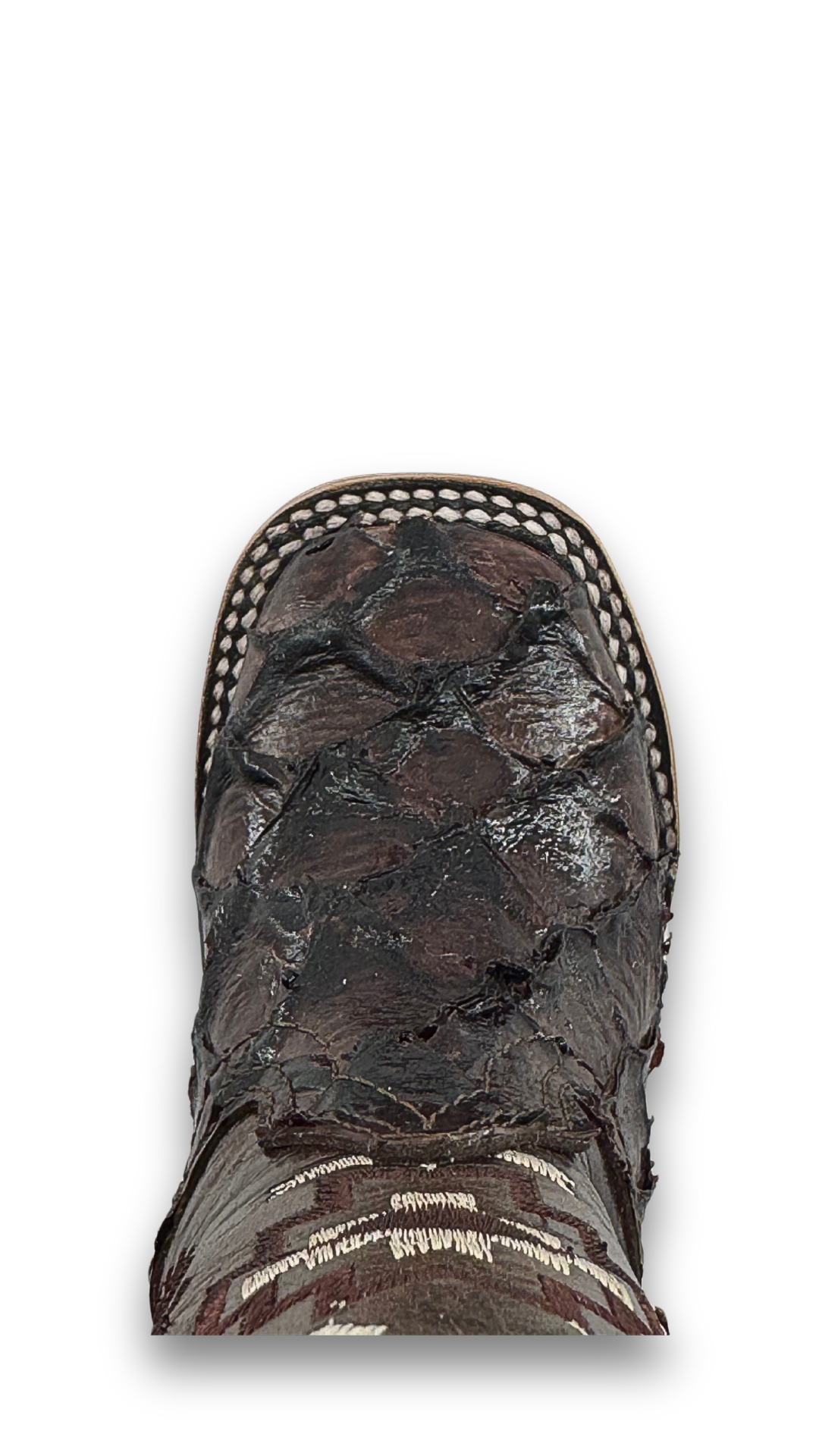 Top-down close-up of  clone fish pirarucu Aztec kids boot vamp, showcasing the pirarucu print scale, double stitching and square toe.