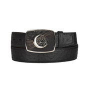 A black cowboy belt with a silver-colored buckle featuring a leather design and the Cuadra brand monogram.