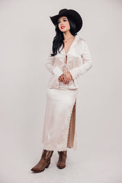 Satin Lace Slit Maxi Skirt