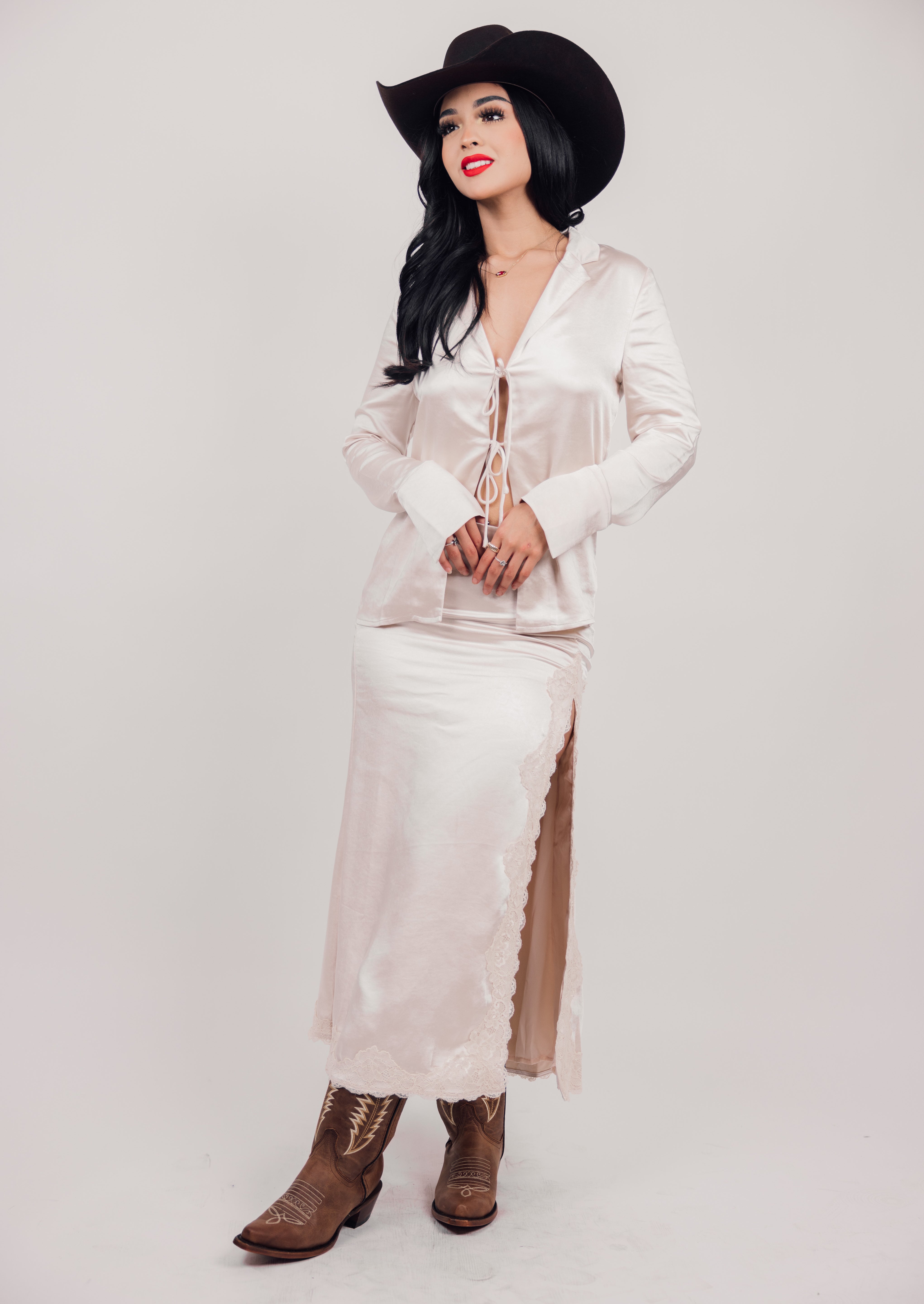 Satin Lace Slit Maxi Skirt