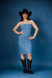 Denim Strapless Stretchy Denim Midi Dress