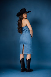 Denim Strapless Stretchy Denim Midi Dress