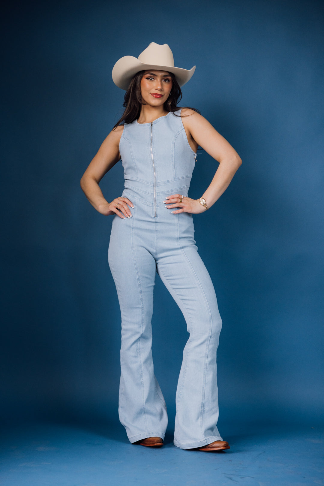 Zip Up Flare Denim Jumpsuit