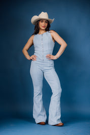 Zip Up Flare Denim Jumpsuit