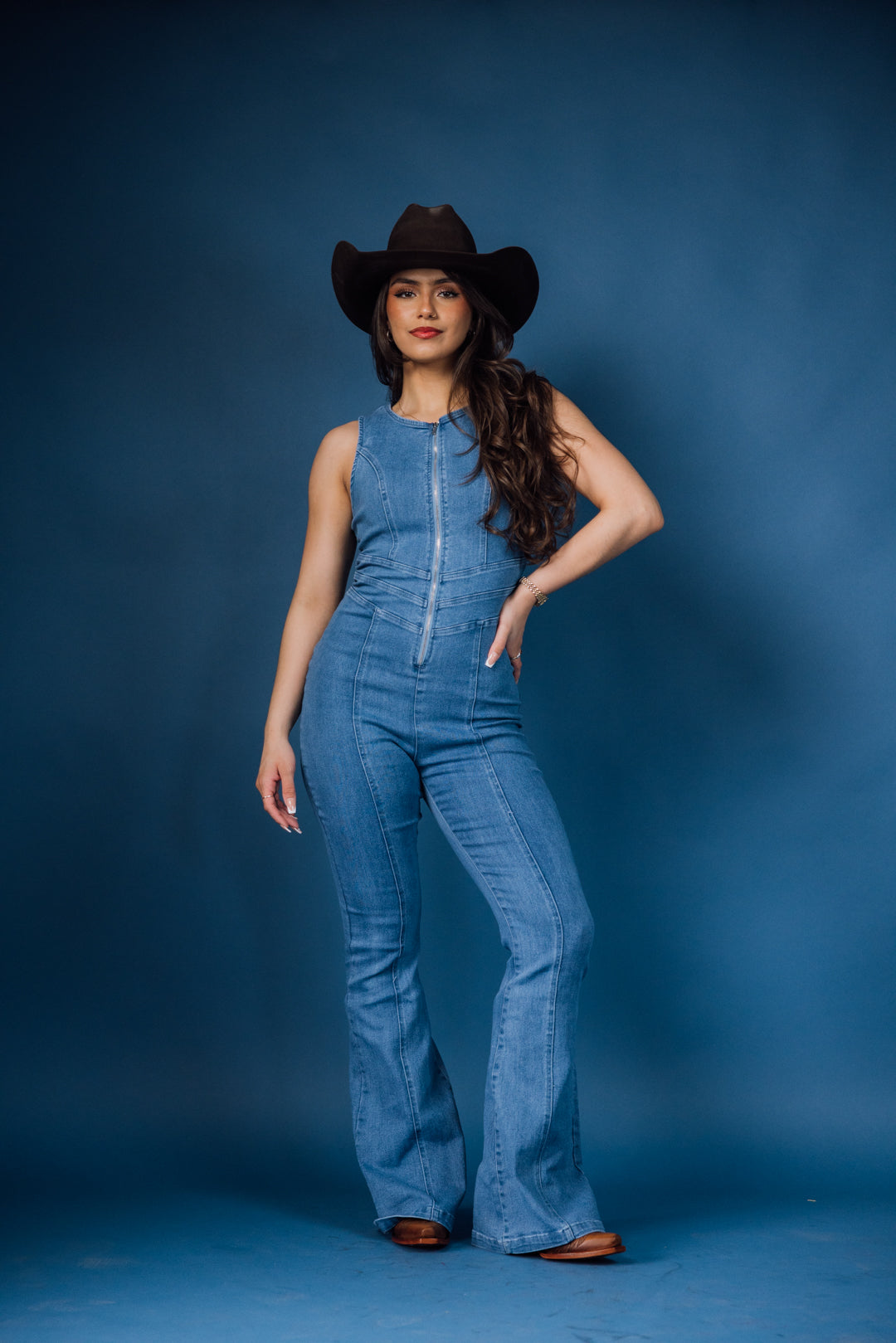 Zip Up Flare Denim Jumpsuit