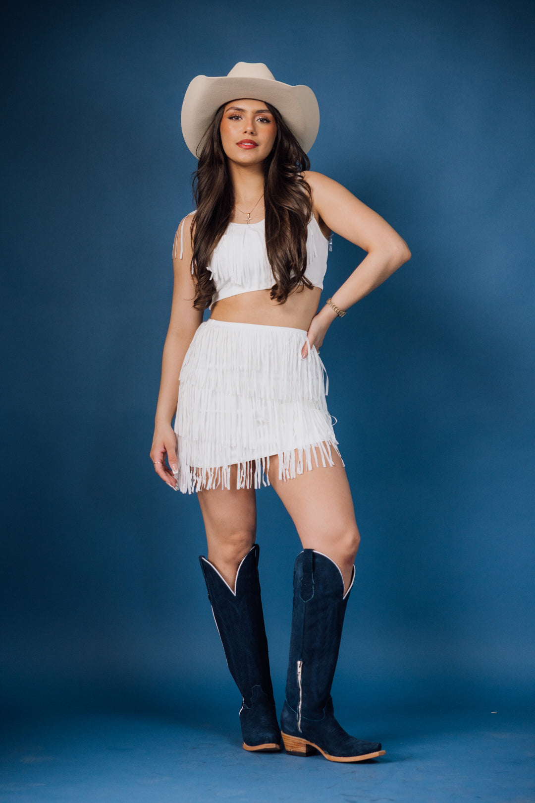 Western Fringed Top Mini Skirt Set