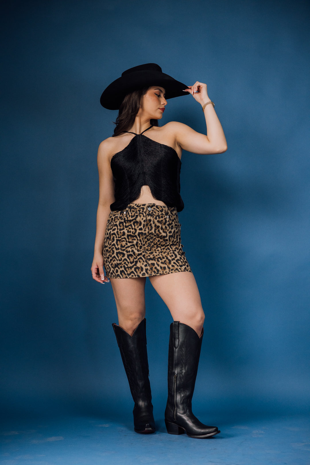 Leopard Print Denim Mini Skirt