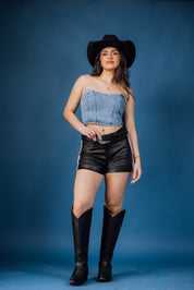 Metallic Pu Mid Rise Side Rhinestone Fringe Shorts