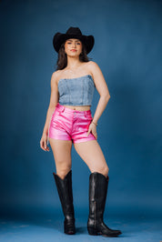 Metallic Pu Mid Rise Side Rhinestone Fringe Shorts