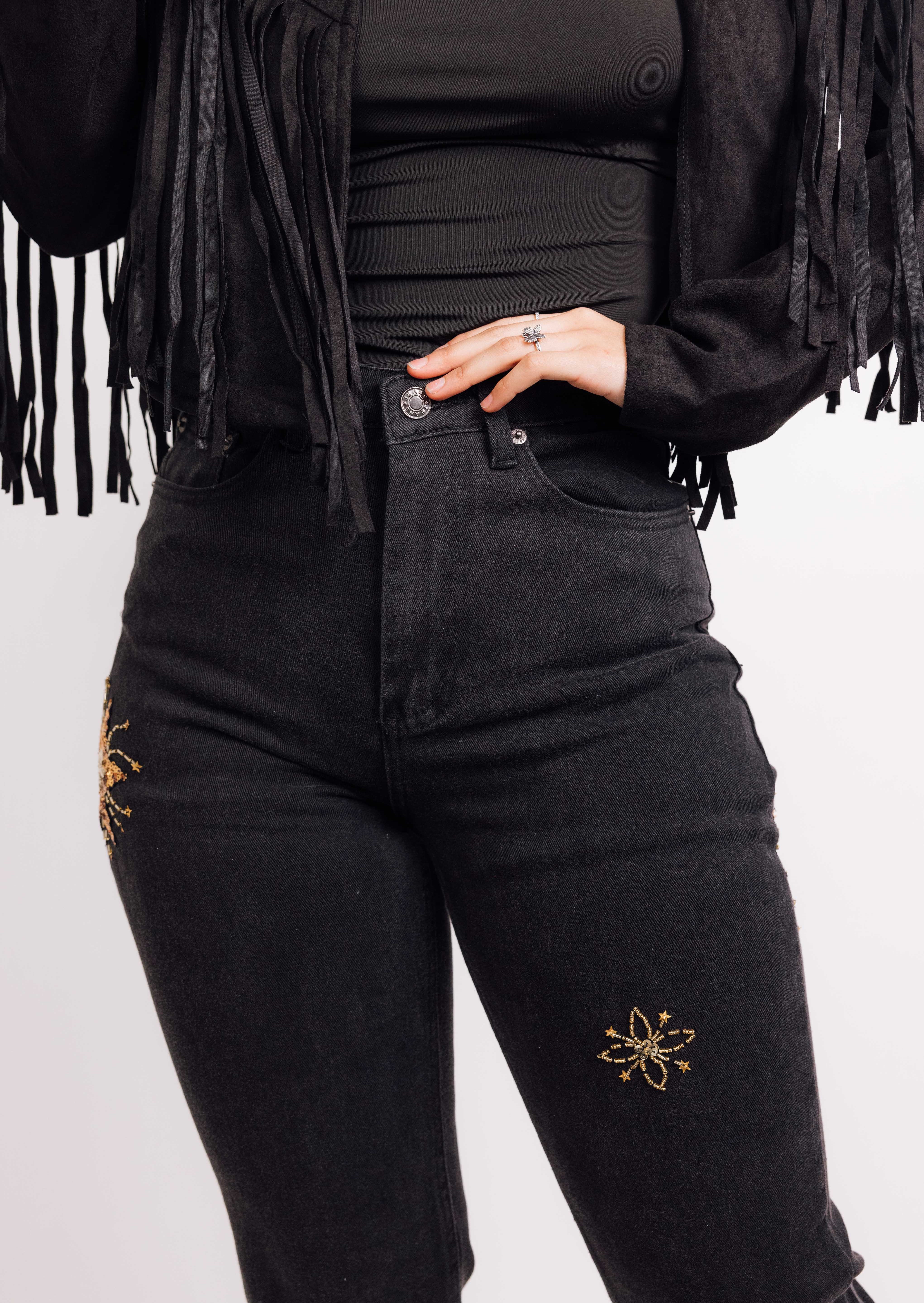 Mid Rise Sequin Embellished Jeans
