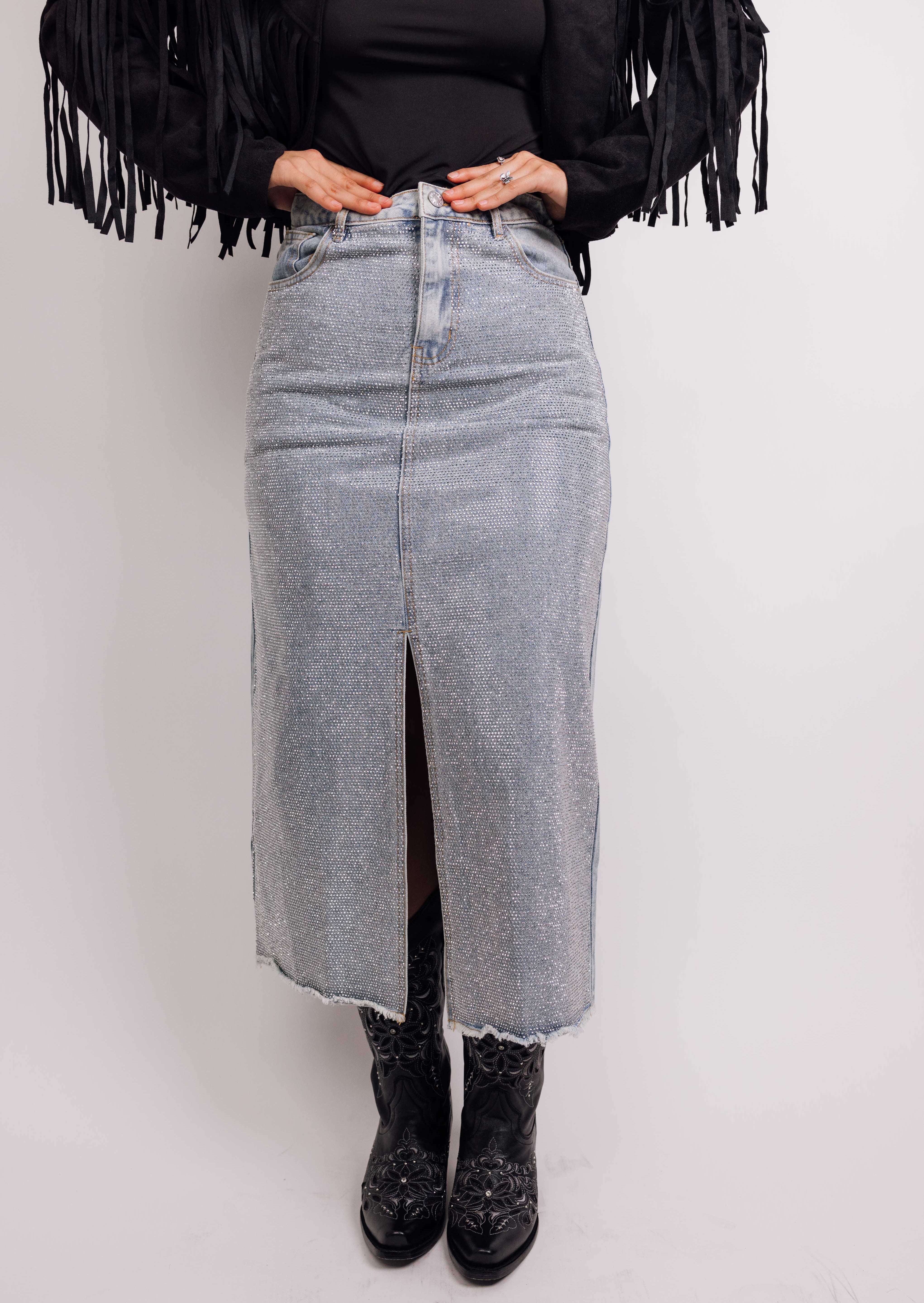 Mid Rise All Over Sparkle Slit Maxi Skirt