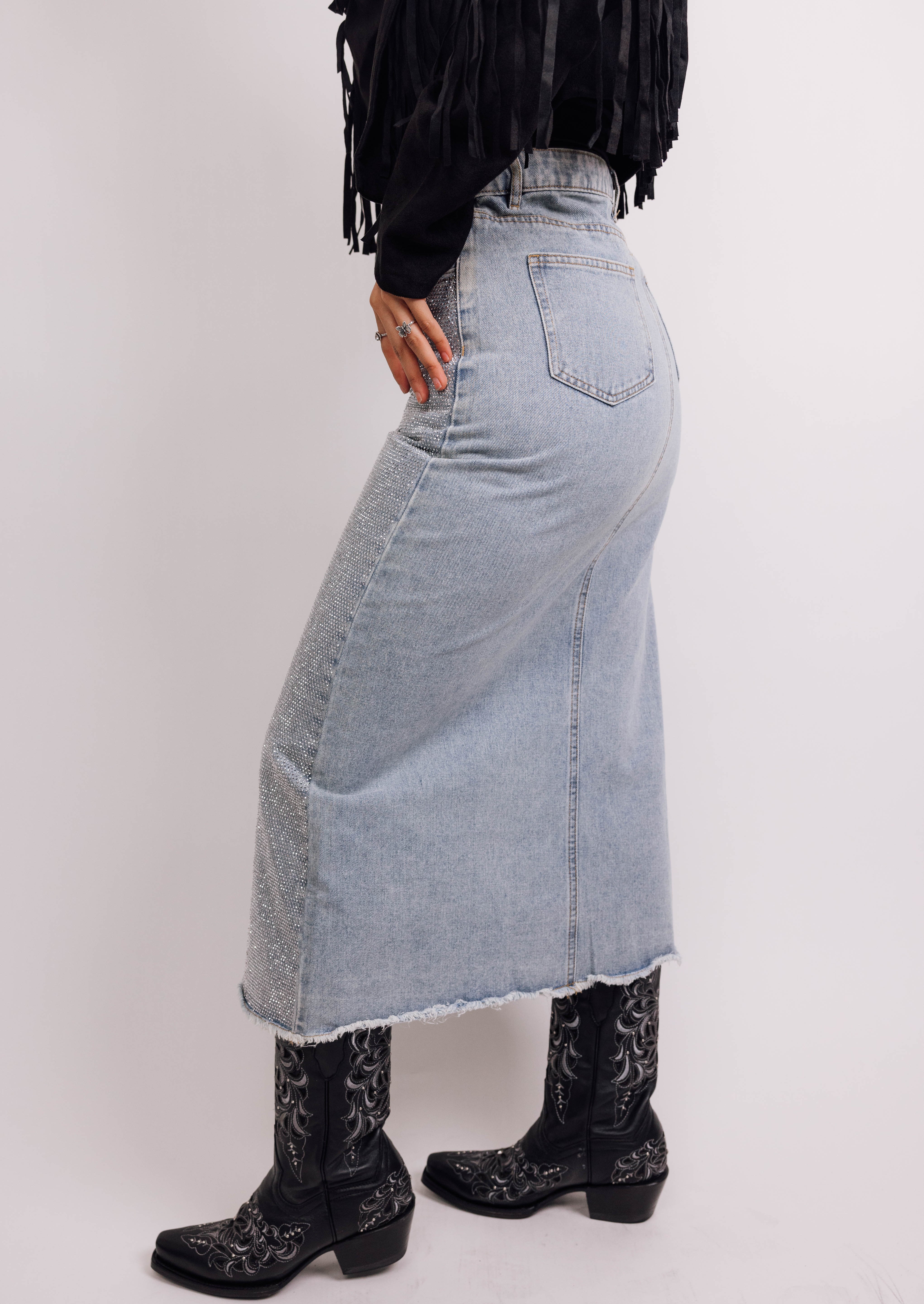 Mid Rise All Over Sparkle Slit Maxi Skirt