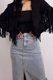 Mid Rise All Over Sparkle Slit Maxi Skirt