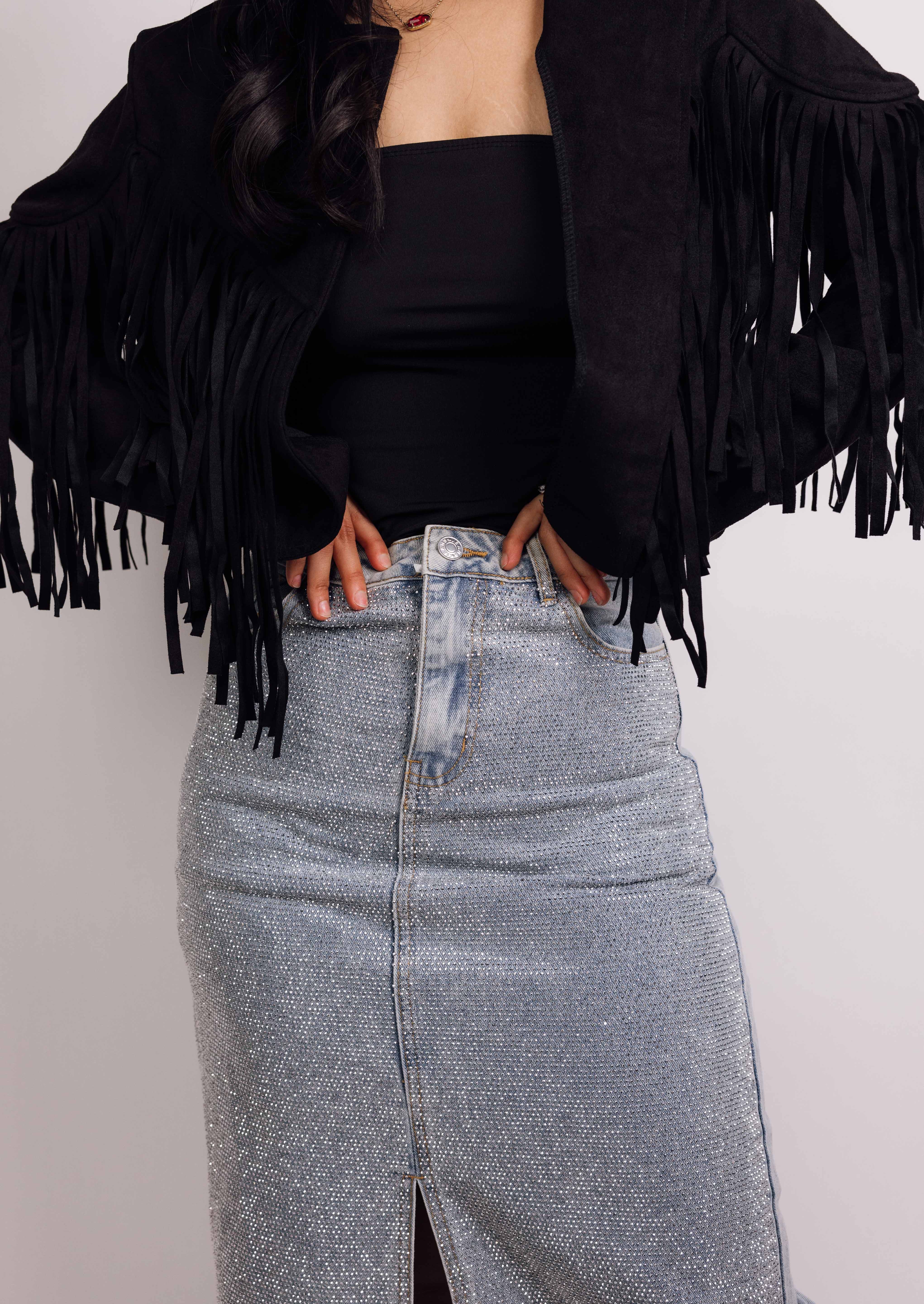 Mid Rise All Over Sparkle Slit Maxi Skirt