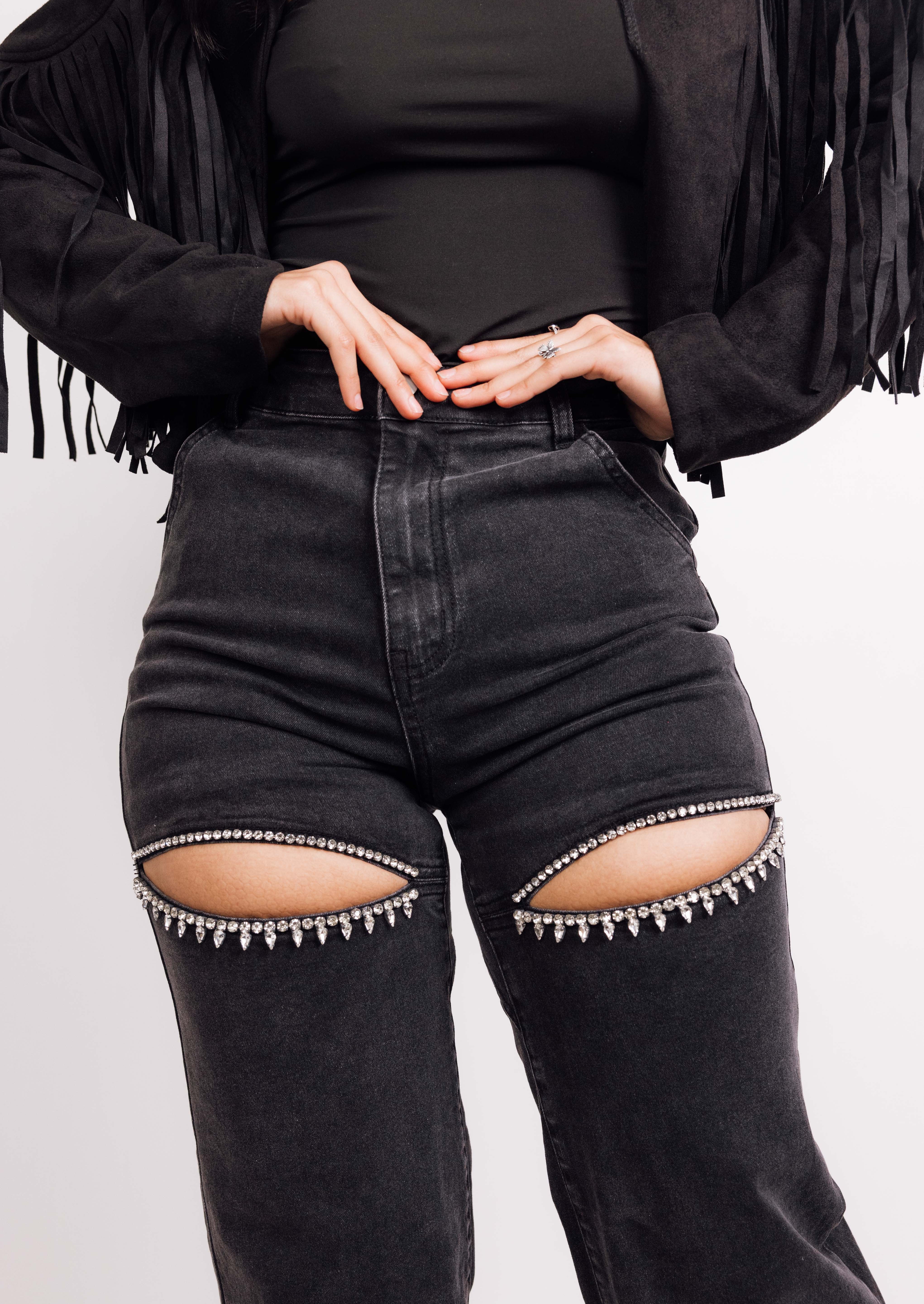 Washed Denim Rhinestone Cutout Jeans