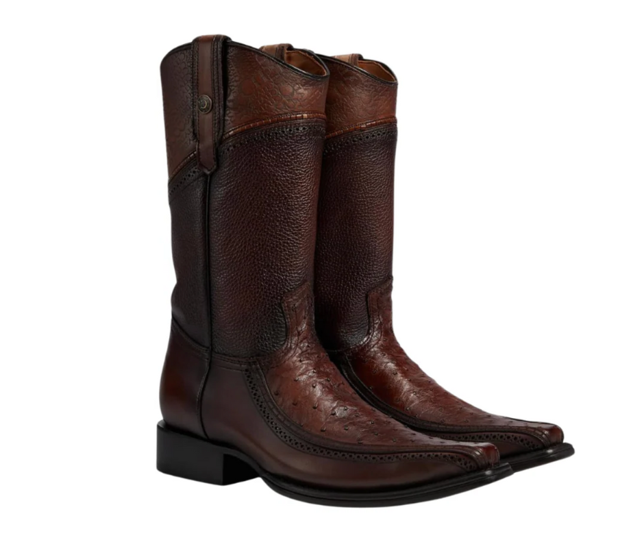 A pair of brown Cuadra CU612 MN Moroni ostrich skin boots with a narrow square toe and block heel, displayed against a white background.