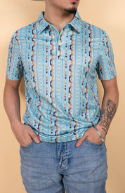 Rock & Roll Shy Blue Striped Aztec Polo