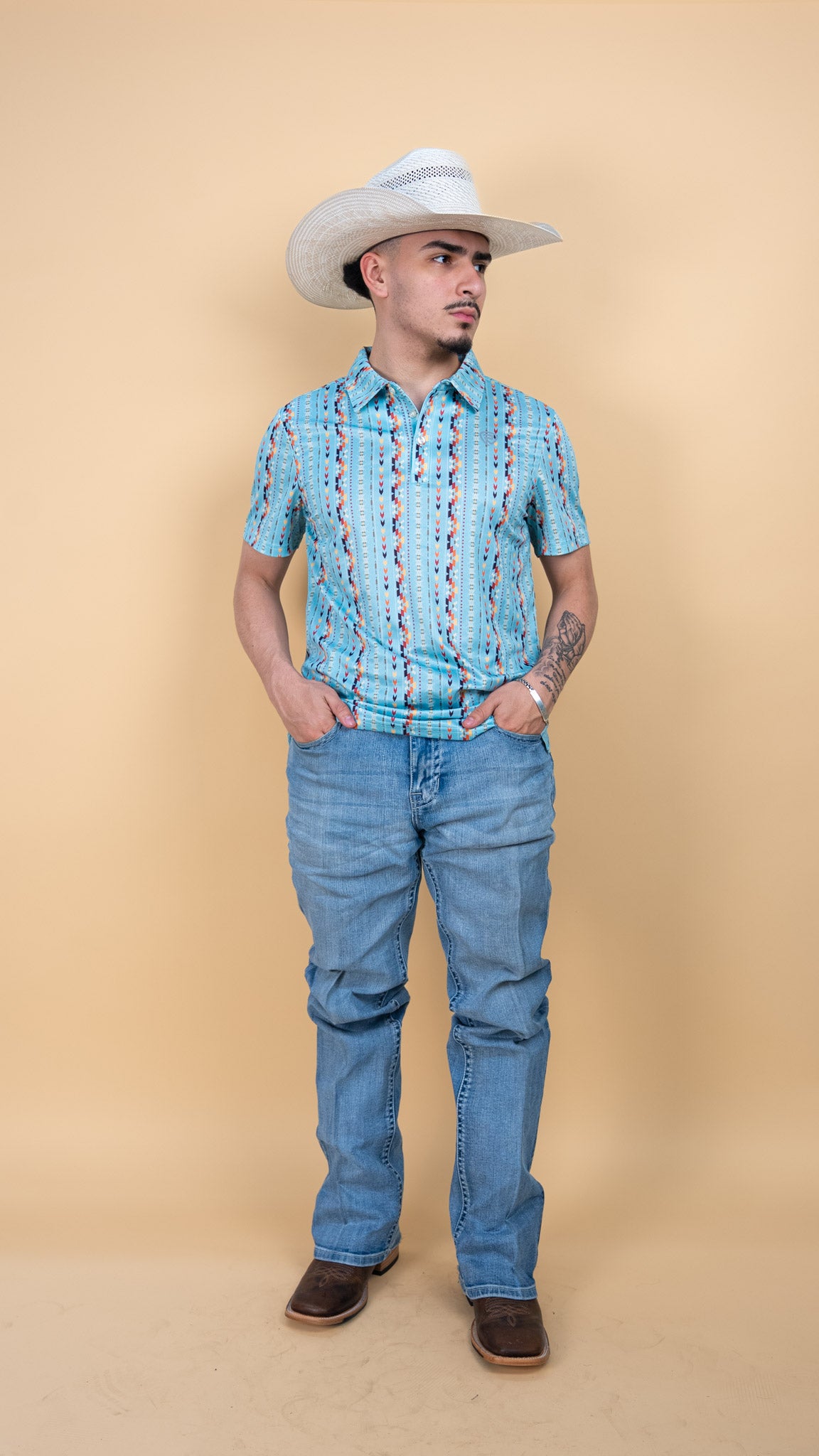 Rock & Roll Shy Blue Striped Aztec Polo