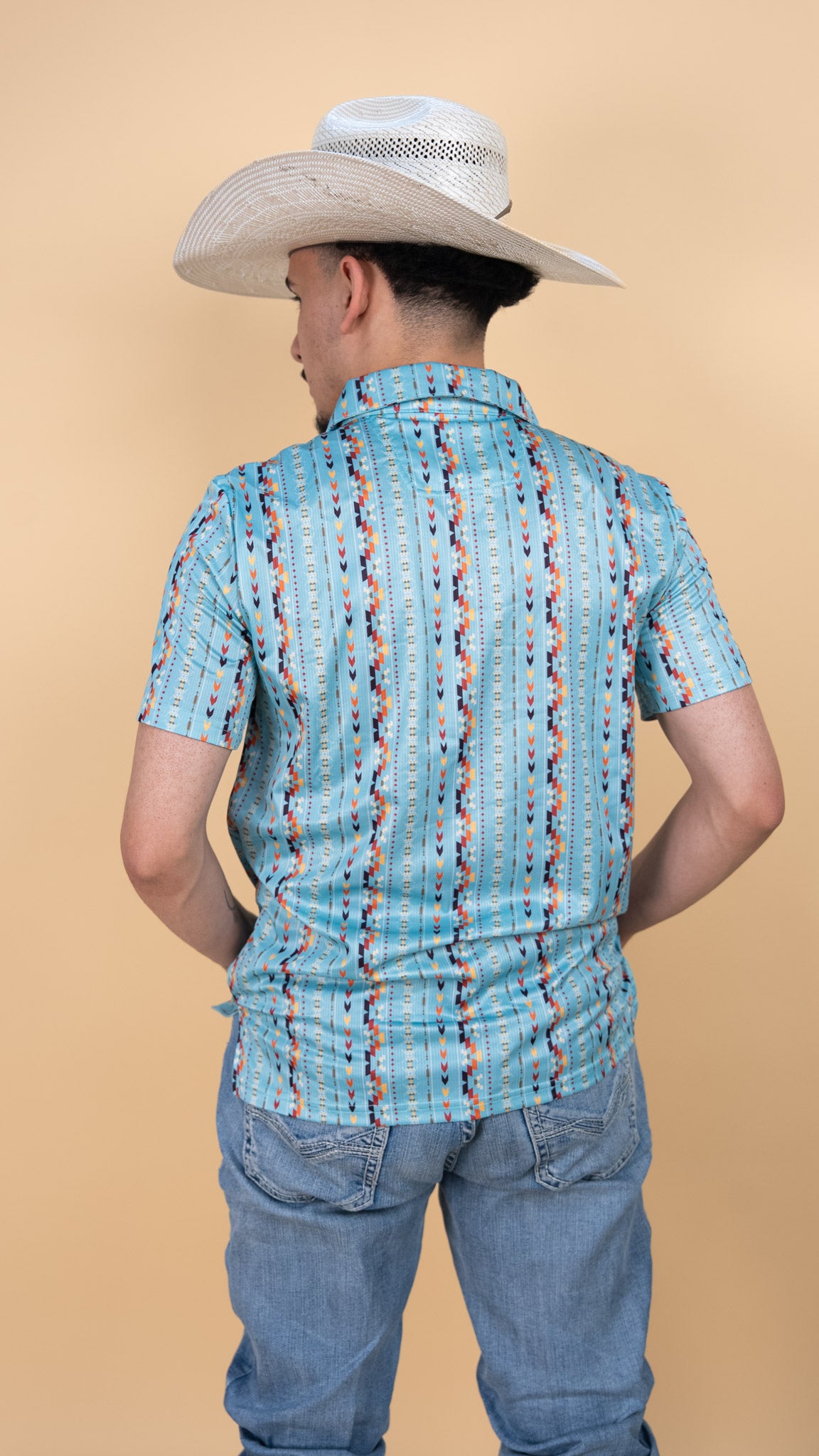 Rock & Roll Shy Blue Striped Aztec Polo