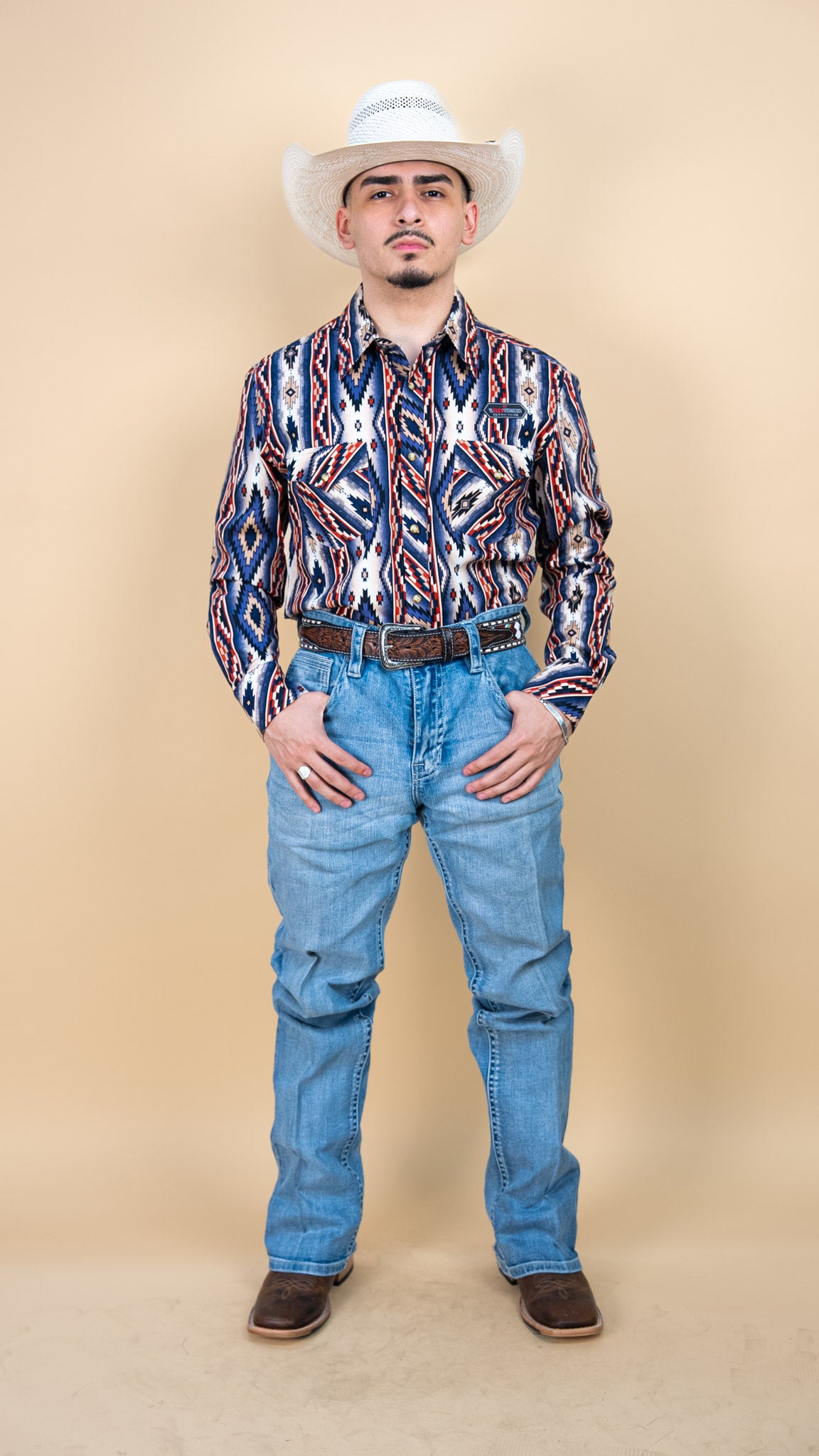 Rock & Roll Long Sleeve Denim Rust Aztec Pearl Snap