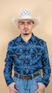 Rock & Roll Long Sleeve Aztec Cement Navy Pearl Snap