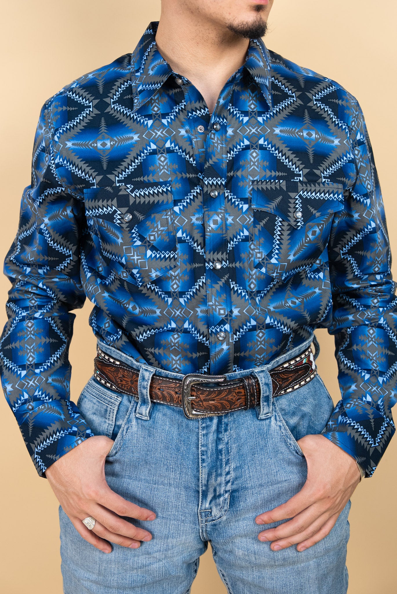 Rock & Roll Long Sleeve Aztec Cement Navy Pearl Snap