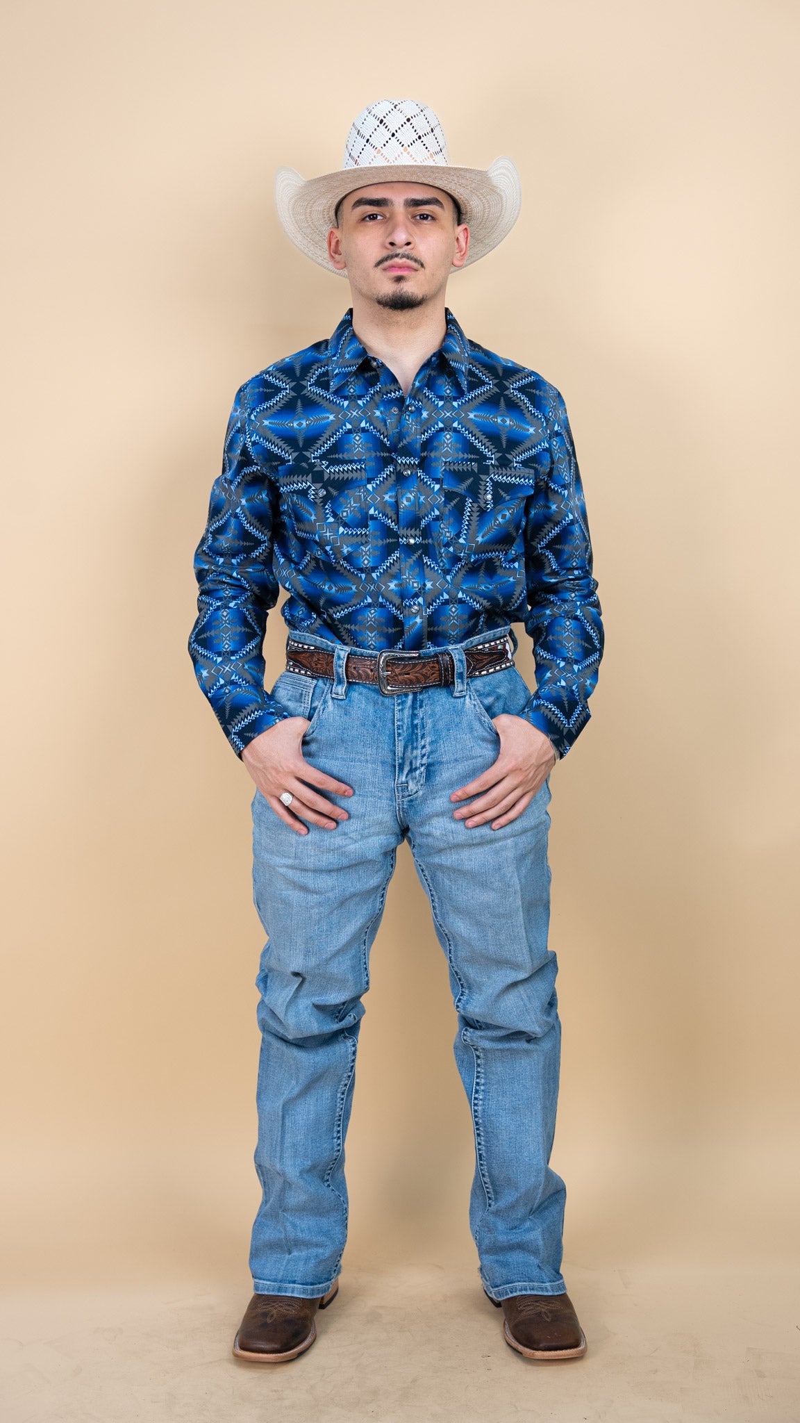 Rock & Roll Long Sleeve Aztec Cement Navy Pearl Snap