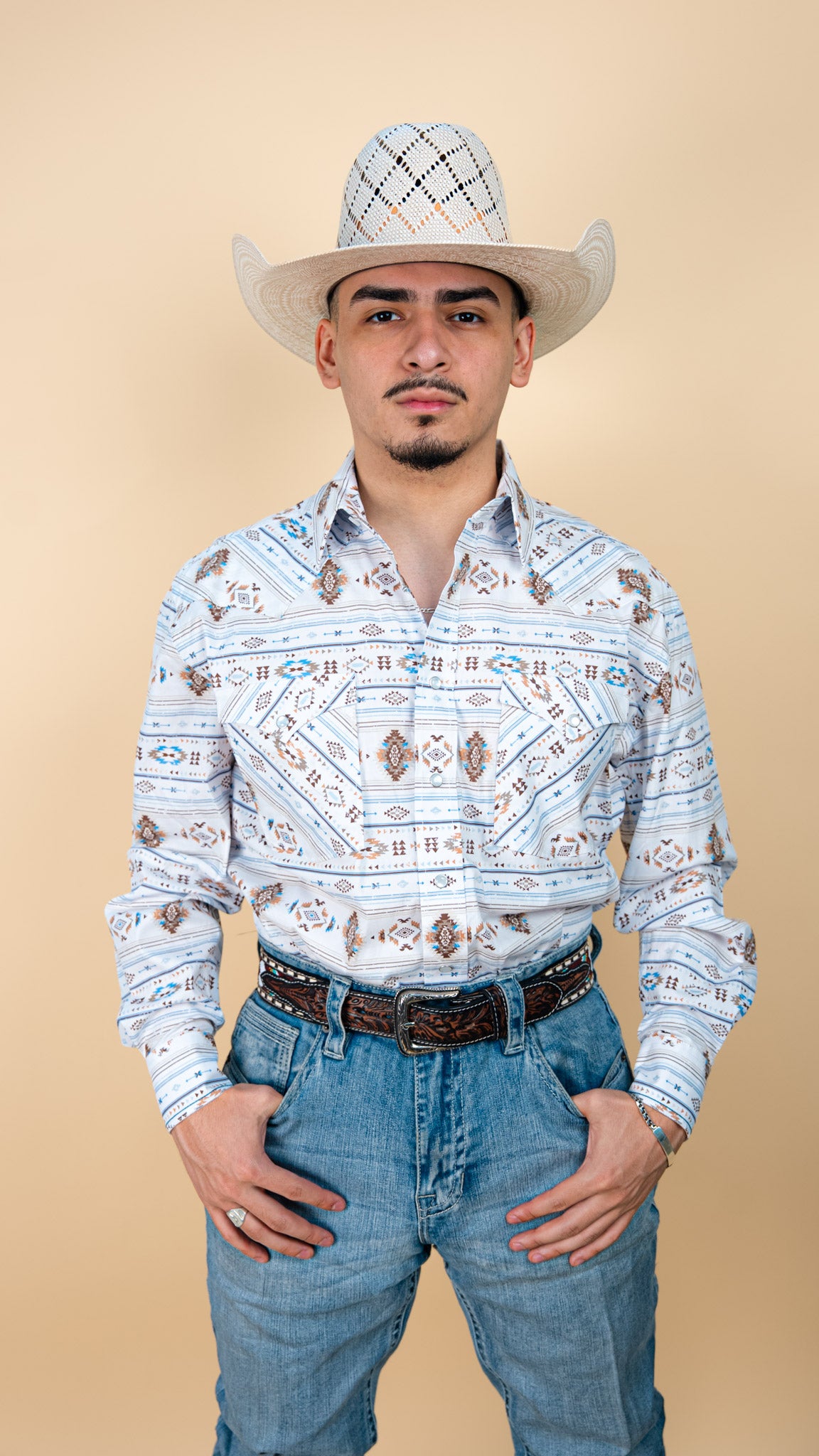 knee length dresses for ladies Men's Rough Stock Southwestern Aztec Long Sleeve Snap Shirt S main image 1