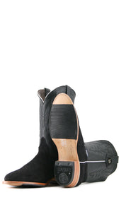 View of the Maverick boots feature a black suede vamp, black shaft, round toe, sturdy leather sole with half rubber sole, and rubber heel.