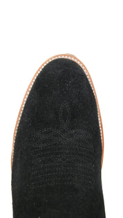 Top-down close-up of black Maverick Roughout cowboy boot vamp, showcasing the black suede print detail, stitching and round toe.
