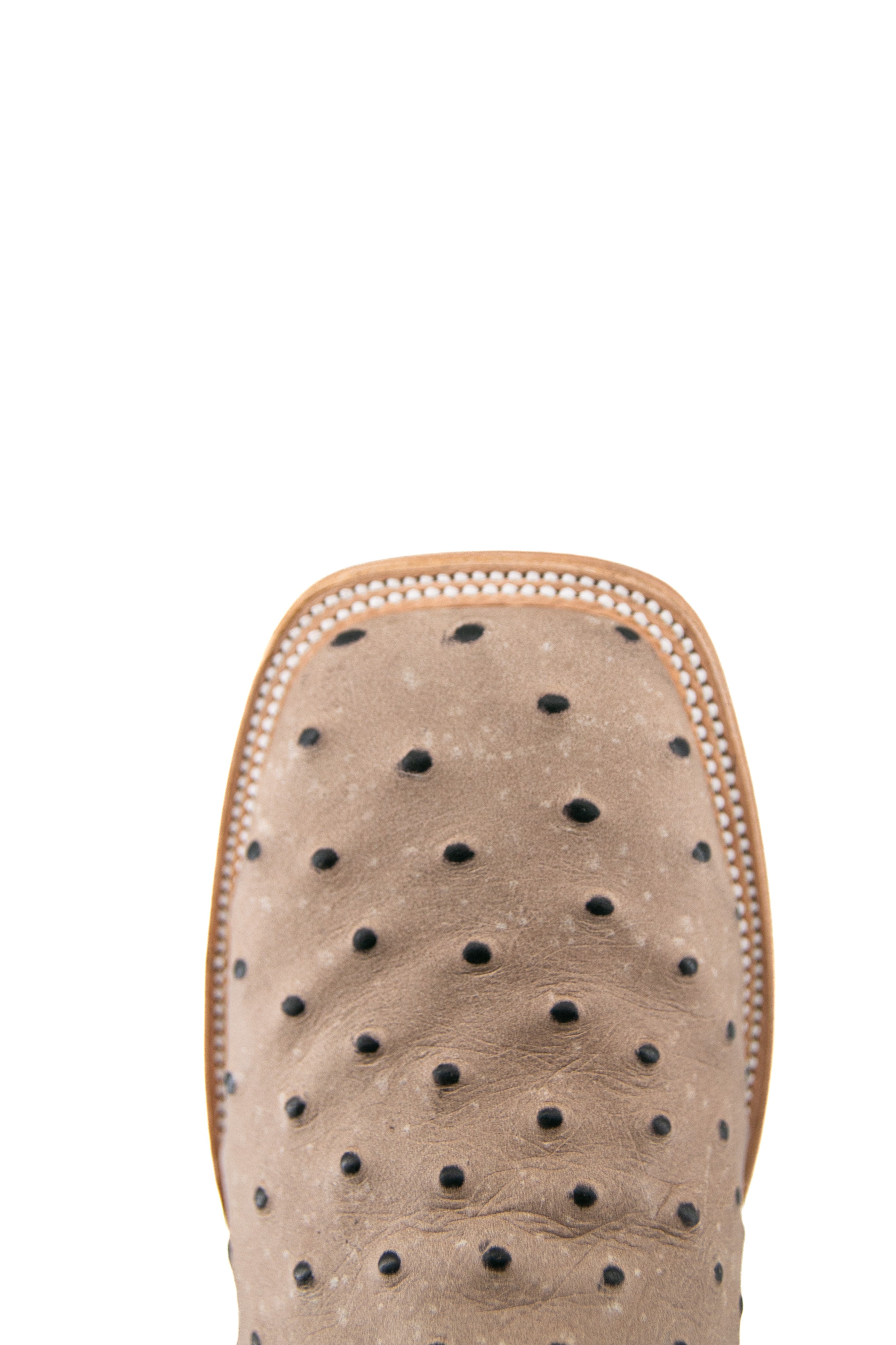 Top-down close-up of Bruce cowboy boot vamp in desert, showcasing the ostritch print detail, double stitching and square toe.