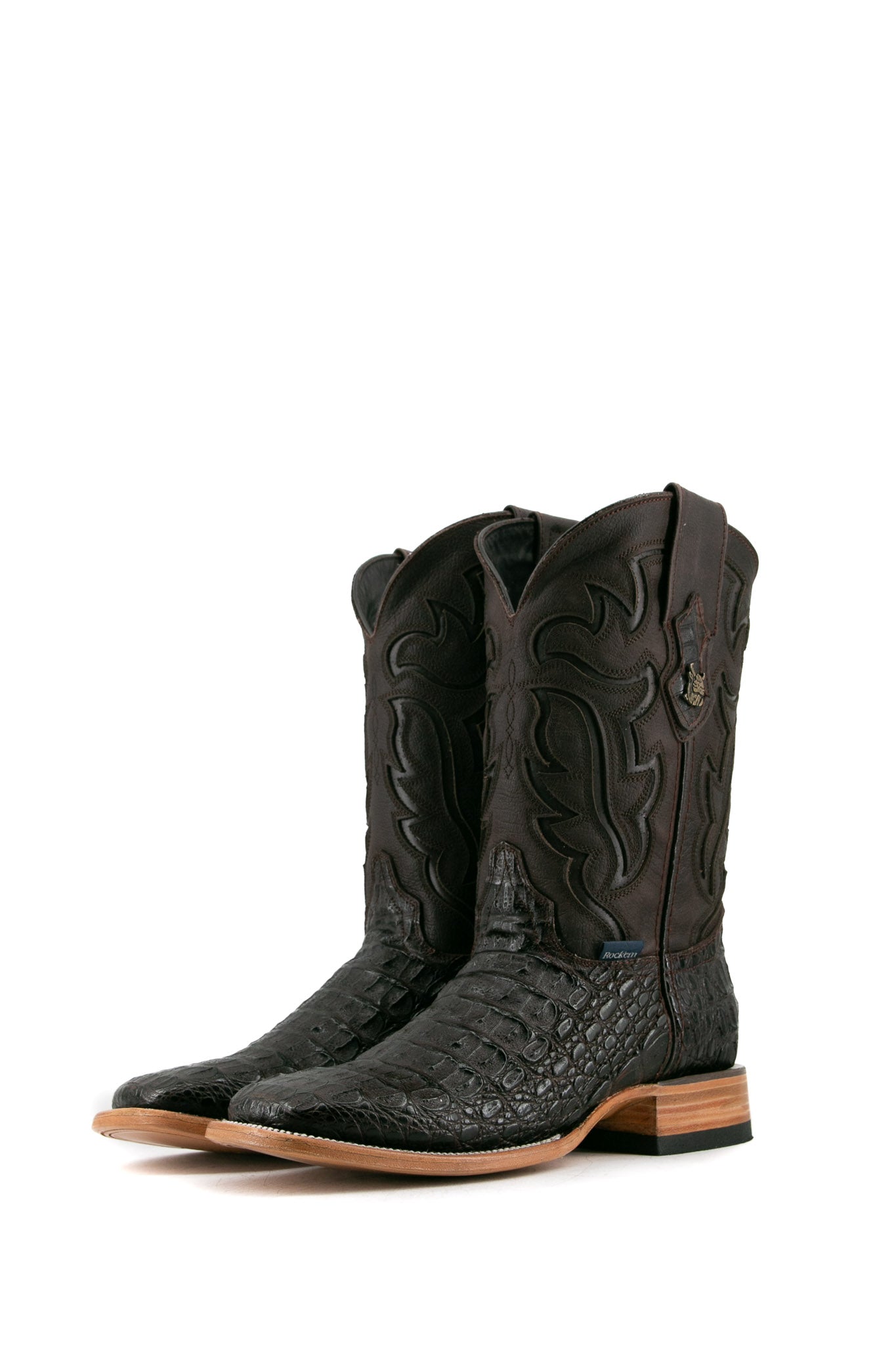 The brown Cody Caiman cowboy boots are genuine leather, featuring a square toe, caiman print vamp, brown embroidery shaft, rubber heel.