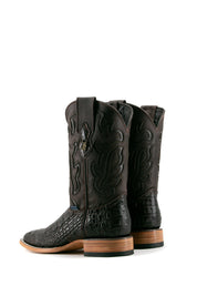 Back view of the brown Cody Caiman cowboy boots are genuine leather, featuring a square toe, caiman print vamp, brown embroidery shaft, rubber heel.