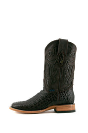 Side view of the brown Cody Caiman cowboy boots are genuine leather, featuring a square toe, caiman print vamp, brown embroidery shaft, rubber heel.