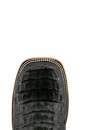 Top-down close-up of brown Cody Caiman cowboy boot vamp, showcasing the brown and caiman print detail and square toe.