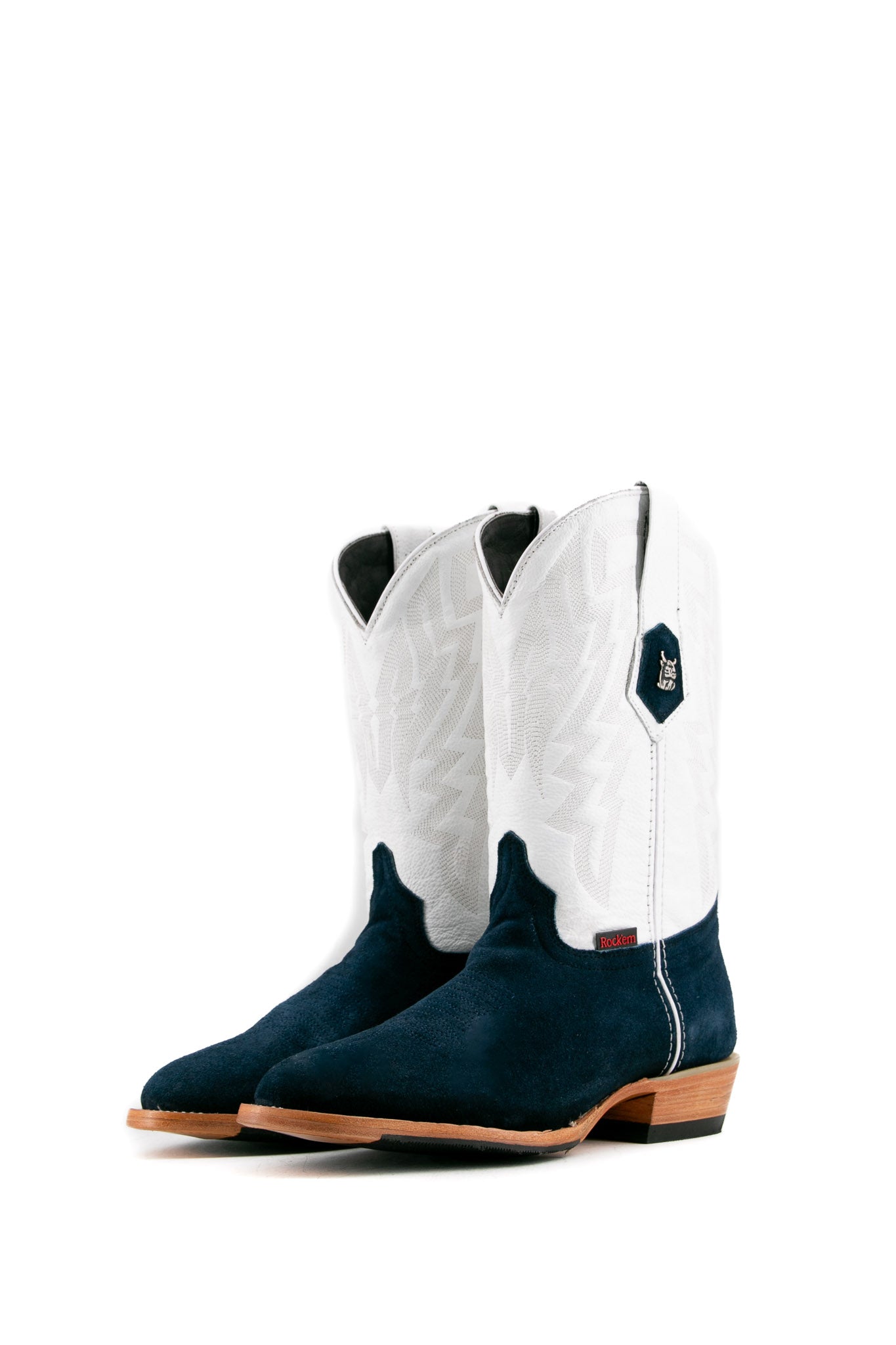 The Maverick boots feature a blue suede vamp, white shaft, round toe, sturdy leather sole, and rubber heel.