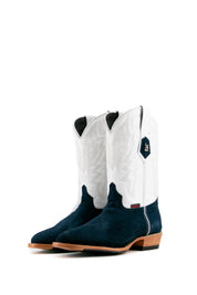 The Maverick boots feature a blue suede vamp, white shaft, round toe, sturdy leather sole, and rubber heel.