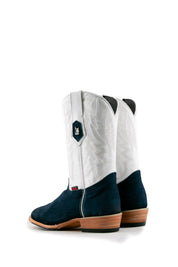 Back view of the Maverick boots feature a blue suede vamp, white shaft, square toe, sturdy leather sole, and rubber heel.