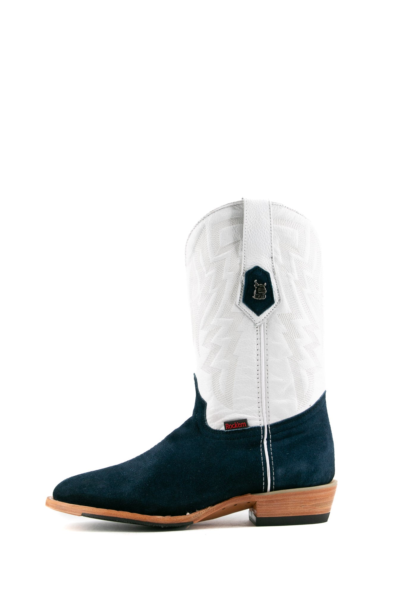 Side view of the Maverick boots feature a blue suede vamp, white shaft, square toe, sturdy leather sole, and rubber heel.
