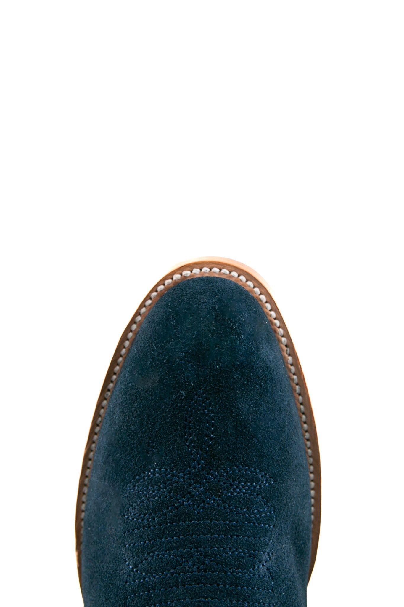 Top-down close-up of navy blue Maverick Roughout cowboy boot vamp, showcasing the navy blue suede print detail, stitching and round toe.