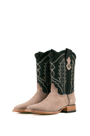 The granite Luke Suede cowboy boots are genuine leather, featuring a square toe, gray suede vamp, black shaft with embroidery, rubber heel.