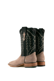 Back view of granite Luke Suede cowboy boots in genuine leather, featuring a square toe, gray suede vamp, black shaft with embroidery, and rubber heel.