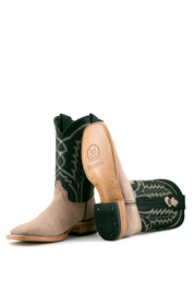 View of granite Luke Suede cowboy boots in genuine leather, featuring a square toe, gray suede vamp, black shaft with embroidery, rubber heel, and tan leather sole.