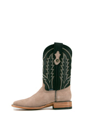 Side view of granite Luke Suede cowboy boots in genuine leather, featuring a square toe, gray suede vamp, green embroidered shaft, and rubber heel.