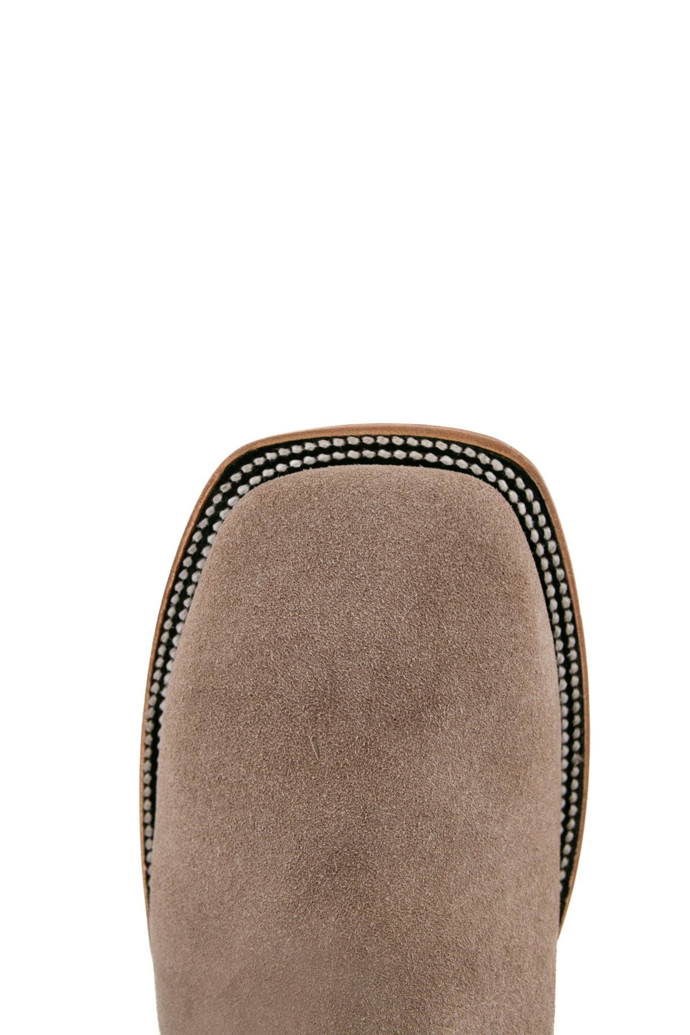 Top-down close-up of the granite Luke Suede cowboy boot vamp showing the gray suede detail and square toe.
