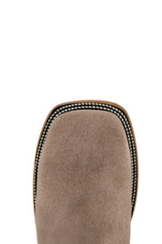 Top-down close-up of the granite Luke Suede cowboy boot vamp showing the gray suede detail and square toe.