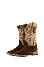The walnut Luke Suede cowboy boots are genuine leather, featuring a square toe, brown suede vamp, tan embroidered shaft, and rubber heel.