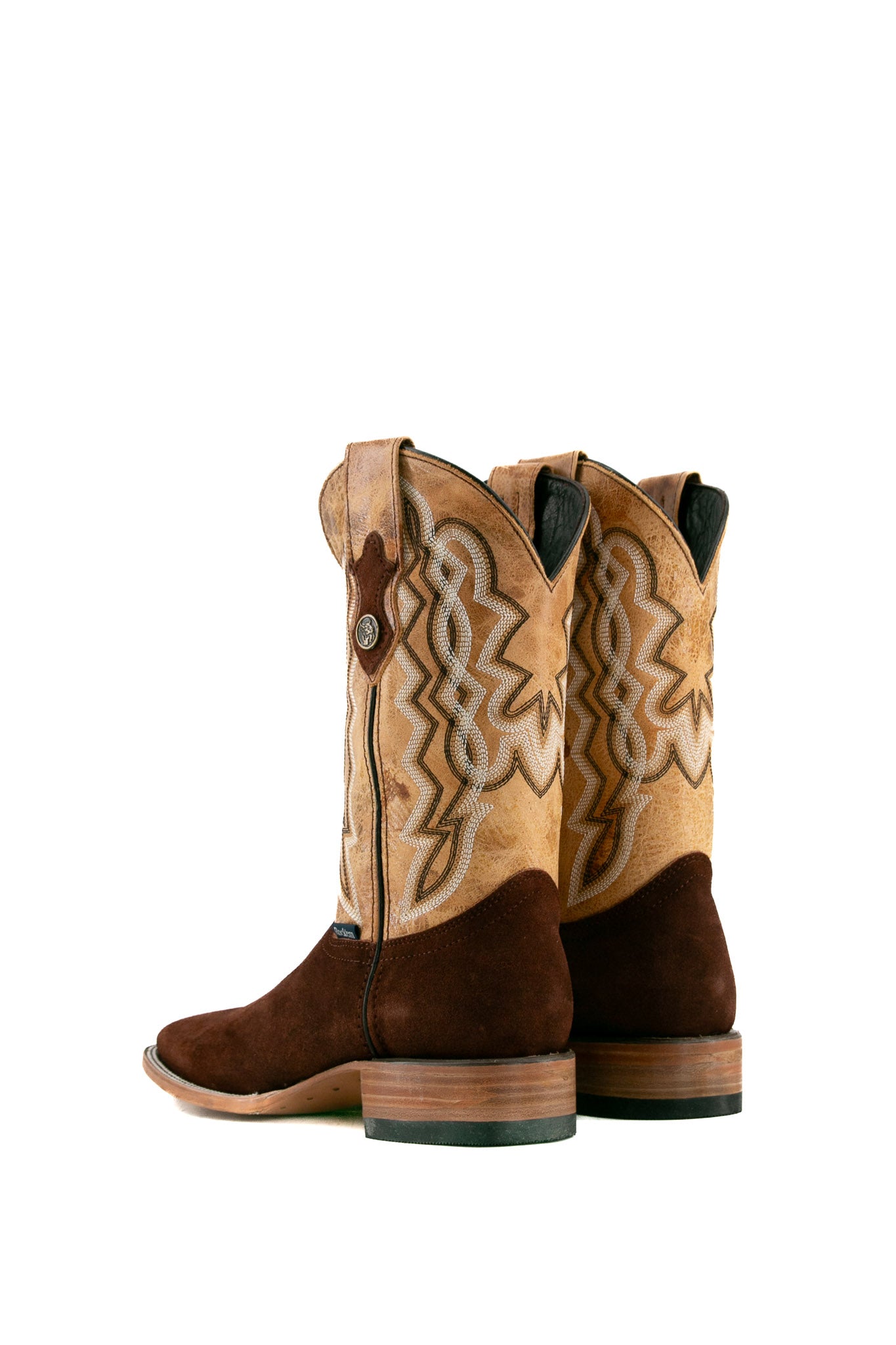 Back view of walnut Luke Suede cowboy boots in genuine leather, featuring a square toe, brown suede vamp, tan embroidered shaft, and rubber heel.